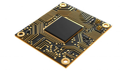 Golden circuit board with a central black microchip view on transparent background