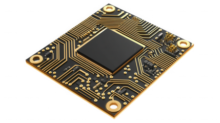 Golden circuit board with a central black microchip view on transparent background