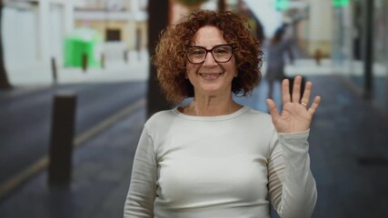Woman smiling on city street in casual outfit with brunette curls and glasses waving outdoors during sunny day showing happy mood.