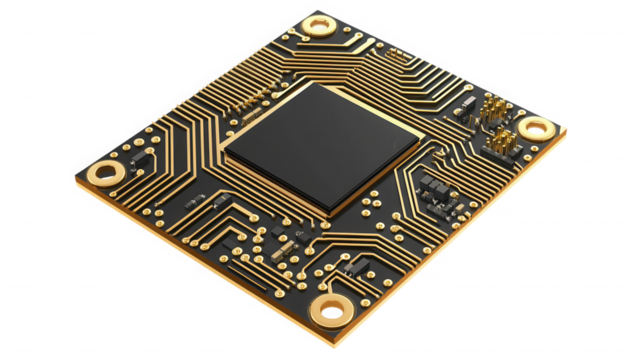 Golden circuit board with a central black microchip view on transparent background
