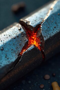 Close-up of a cracked metal component exhibiting significant stress concentration at a sharp corner, revealing a critical failure point , manufacturing, stress riser