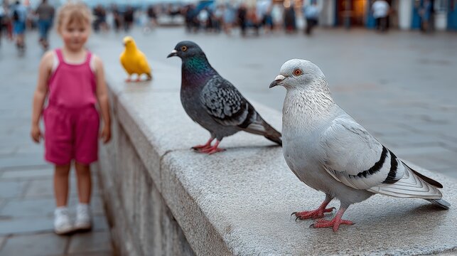 A little girl stands next to a wall with three pigeons on it. The pigeons are of different colors, with one being yellow, one being gray, and one being white. The girl is wearing a pink shirt