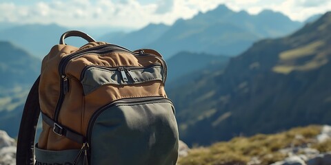 Outdoor Exploration with Backpack and Mountain Landscape