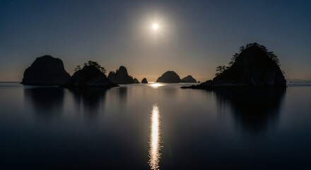 Serene nighttime panorama showcases moonlit islands and their tranquil reflection on calm water