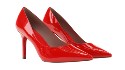 A pair of shiny red high heel shoes with a pointed toe on a black background in a studio shot