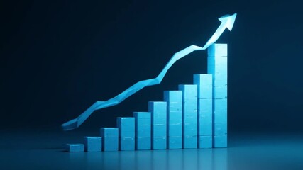 Blue 3D bar chart with rising blocks and a bright upward arrow neon glow enhances data visualization - Powered by Adobe