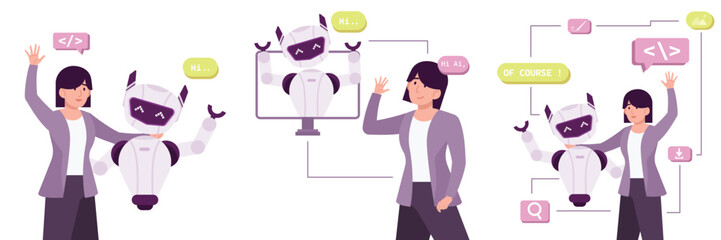 Set Woman Office worker communicating with AI chatbot assistant flat illustration and pink color