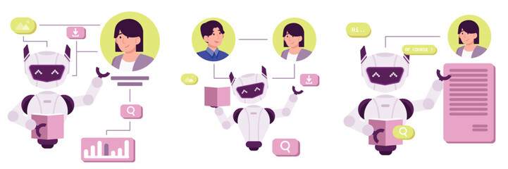 Set Woman Office worker communicating with AI chatbot assistant flat illustration. artificial intelligence helping employees automate tasks.