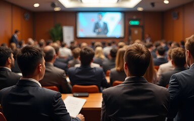 Business people or students are watching a presentation or attend a training or seminar in a lecture hall or auditorium. Conference hall full of people participating in the business training