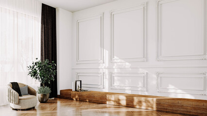 3D interior render with a stylish clean luxurious interior design.  Ideal for showcasing artwork, prints, posters, or interior design and decor concepts.