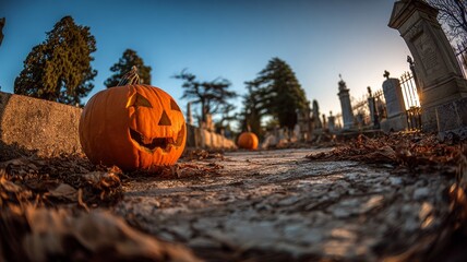 Glowing halloween pumpkin on eerie cemetery ground with tombstones in the background, wide-angle spooky autumn night scene with fog and atmospheric lighting