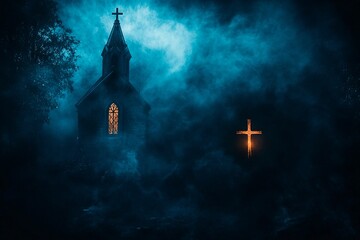 Night shrouded antique church with cross surrounded by thick fog creates an eerie atmosphere