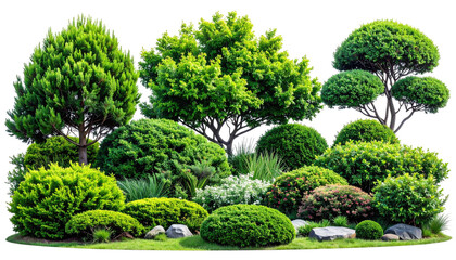 Landscaped garden with diverse bushes, plants, and rocks