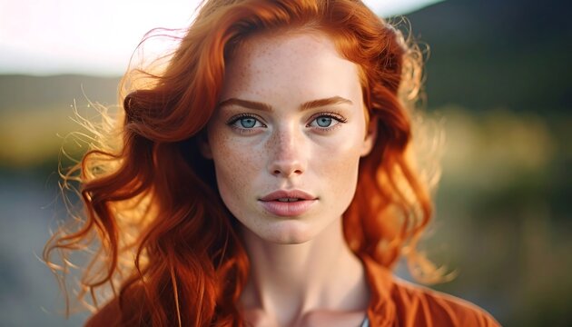 Portrait of a beautiful woman with fiery red hair and bright blue eyes against a blurred natural background