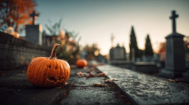 Glowing halloween pumpkin on eerie cemetery ground with tombstones in the background, wide-angle spooky autumn night scene with fog and atmospheric lighting