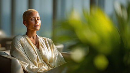 A middle-aged Black woman with short blonde hair, wearing a cream-colored robe, sits in a chair with her eyes closed, basking in sunlight, and looking peaceful during a break at work