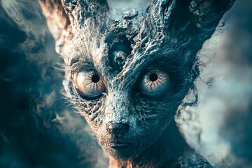 Creature with human eyes and animal features in a mystical forest during twilight