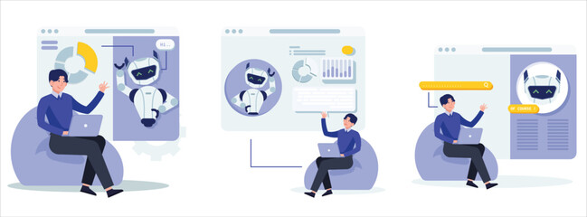 Fototapeta premium Set Man Office worker communicating with AI chatbot assistant flat illustration and blue color