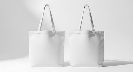 Two identical blank white tote bags with long handles and a shadow, presented against a clean white background