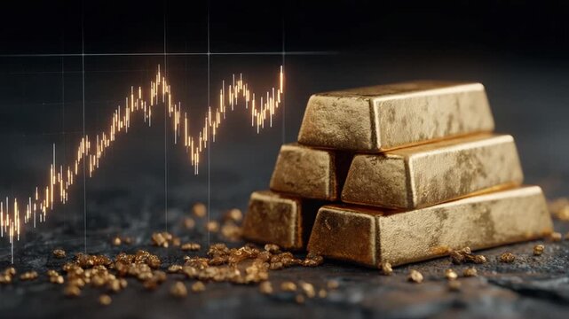 A pile of gold bars with a rising market graph, nuggets scattered on a dark textured surface