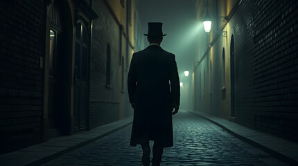 Dark Foggy Street in Victorian London: Ominous Shadow and Historical Atmosphere