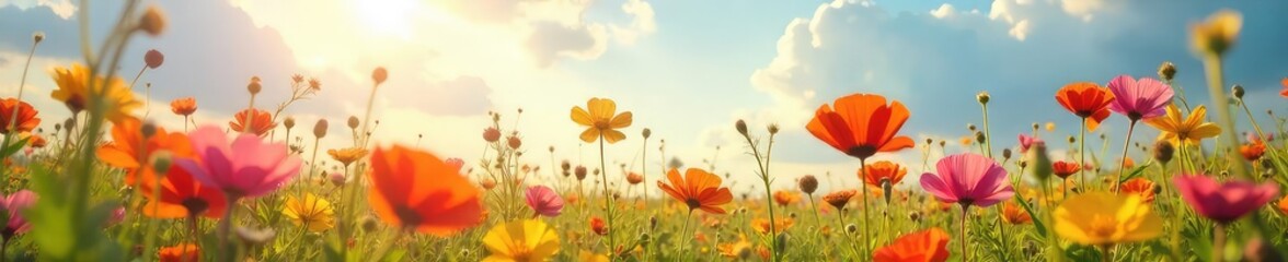 Obraz premium A vibrant, sun-drenched field of wildflowers swaying freely in the breeze, embodying uninhibited joy and passionate energy , peaceful, energy