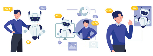 Set Man Office worker communicating with AI chatbot assistant flat illustration and blue color