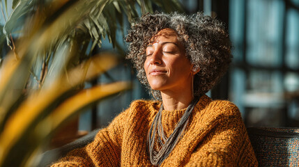 In an office setting, a mid-aged Black woman sits in a chair and basks in sunlight. She has her eyes closed, appearing serene and relaxed, enjoying a moment of calm