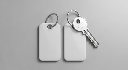 Two rectangular keychains, one with a key attached, lie against a neutral gray background. The key and tags are monochrome