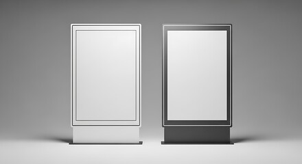 Two rectangular, illuminated, blank display units stand side-by-side, one white, one dark grey, against a grey background