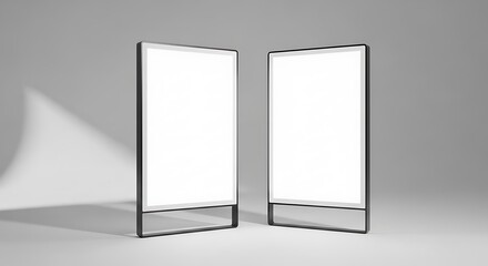 Two rectangular, minimalist, vertical, empty display boards, framed in dark metal, stand on a plain, gray backdrop