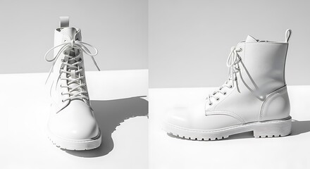 Two studio shots of matching all-white boots, one from the front and the other from the side. Both have laces and lug soles