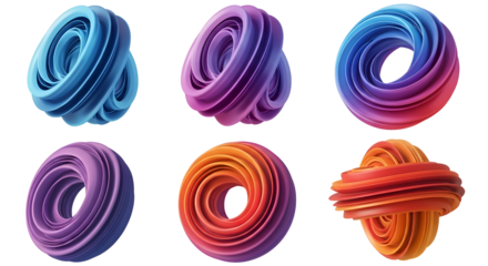 Six abstract 3 D torus shapes with gradient colors on black background image