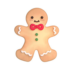 Obraz premium A 3D stylized smiling gingerbread man cookie with a red bow tie, wavy white icing trim, and two green buttons.