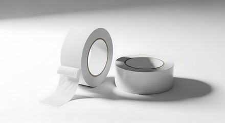 Two white, cylindrical tape rolls on a white surface, one with tape unwound. A shadow adds dimension