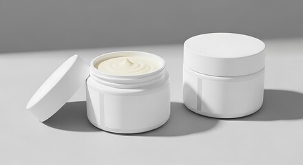 Two white cosmetic jars, one open with cream visible, the other closed, set against a grey background with shadows