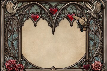 Gothic cathedral frame showcasing intricate arches and decorative elements with a romantic theme