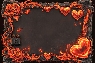 Volcanic ember frame with molten hearts creating a fiery romantic atmosphere for special events