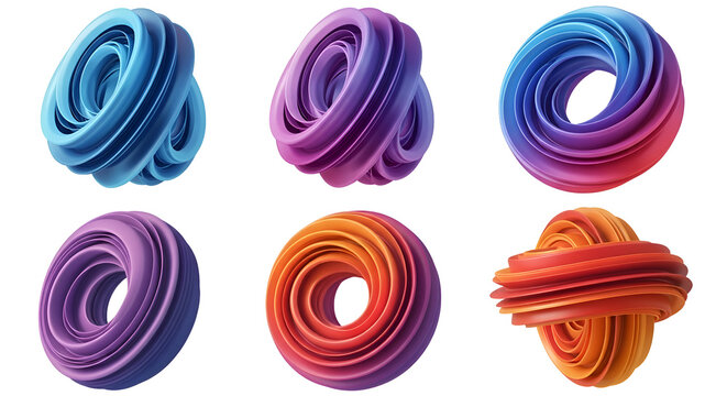Six abstract 3 D torus shapes with gradient colors on black background image