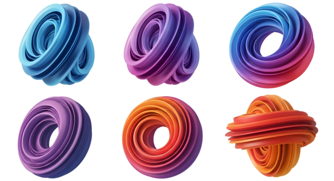 Six abstract 3 D torus shapes with gradient colors on black background image
