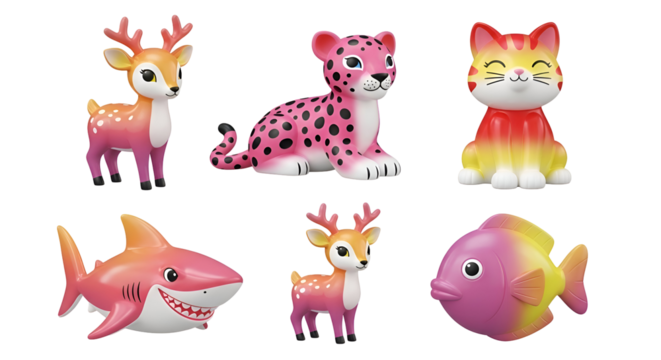 Six colorful cartoon animal toys on black background cute deer