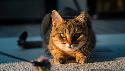 Close-up view of a cat sitting on the floor, body low and ears back, eyes fixed on a moving toy. Warm light and shallow depth of field highlight concentration, excitement, and playful energy 