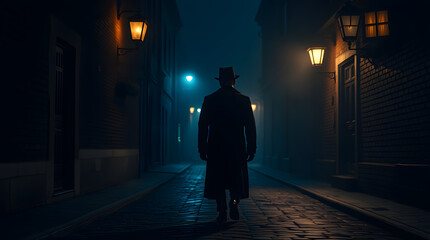 Dark Foggy Street in Victorian London: Ominous Shadow and Historical Atmosphere