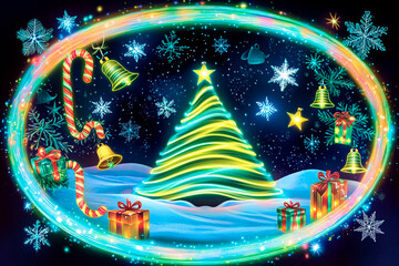 Experience the magic of aurora borealis in a vibrant oval frame with wavy patterns illuminating the night sky