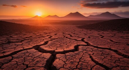 A cracked earth scene glows under a fiery sunset, distant mountains silhouetted
