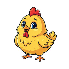 Adorable cartoon chicken illustration, a cheerful and friendly young chick with bright eyes and a red comb, perfect for children's content and farm themes