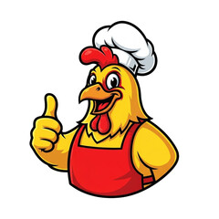A cheerful cartoon chicken mascot wearing a chef hat and red apron, giving a thumbs-up. Perfect for a restaurant or food brand logo design