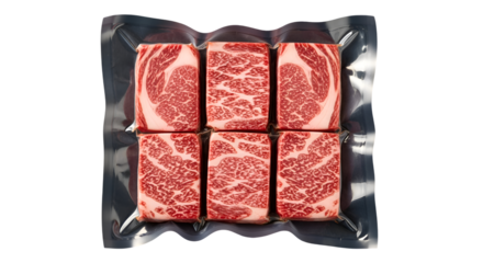 Six vacuum sealed marbled beef steaks with red and white marbling image