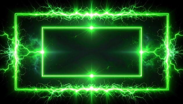 Rectangular frame emitting bright green electric energy with branching patterns against a dark backdrop