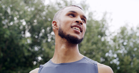 Fitness, thinking or man outdoor for rest, mental preparation or confident for running challenge....
